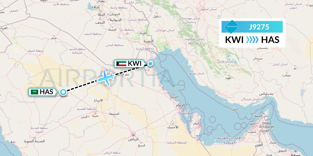 J9275 Jazeera Airways Flight Map: Kuwait City to Ha'il
