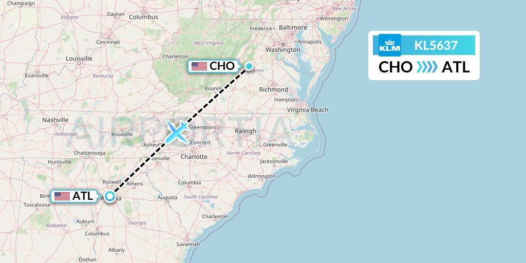 KL5637 KLM Flight Map: Charlottesville to Atlanta