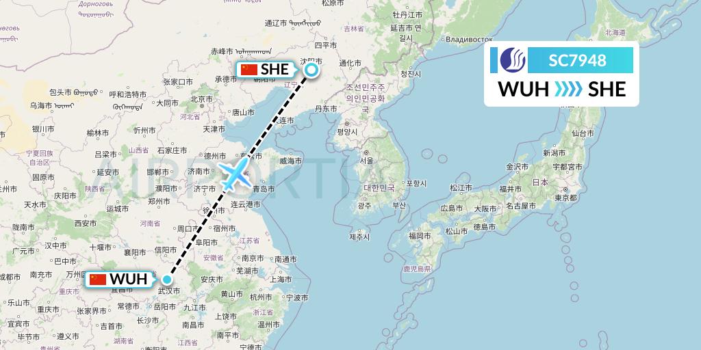 SC7948 Shandong Airlines Flight Map: Wuhan to Shenyang