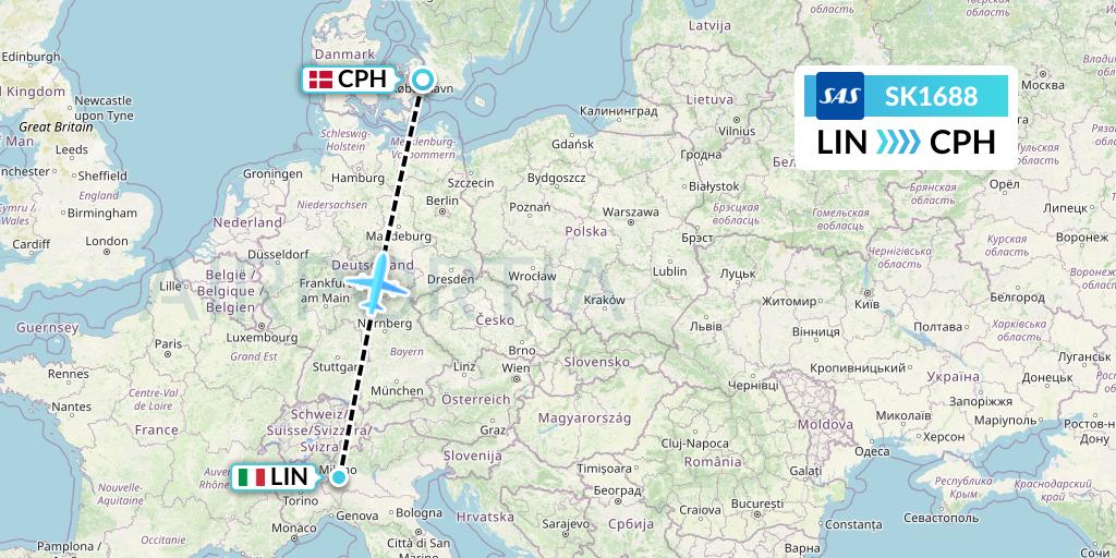 SK1688 SAS Flight Map: Milan to Copenhagen