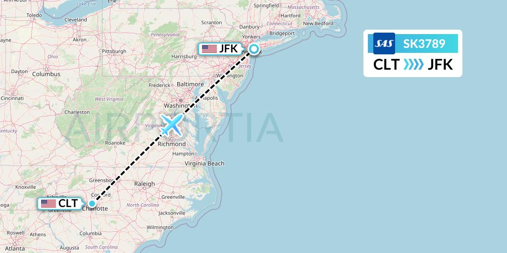SK3789 SAS Flight Map: Charlotte to New York