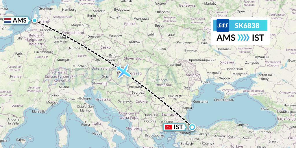 SK6838 SAS Flight Map: Amsterdam to Istanbul