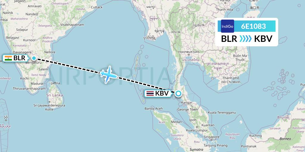 6E1083 IndiGo Airlines Flight Map: Bangalore to Krabi