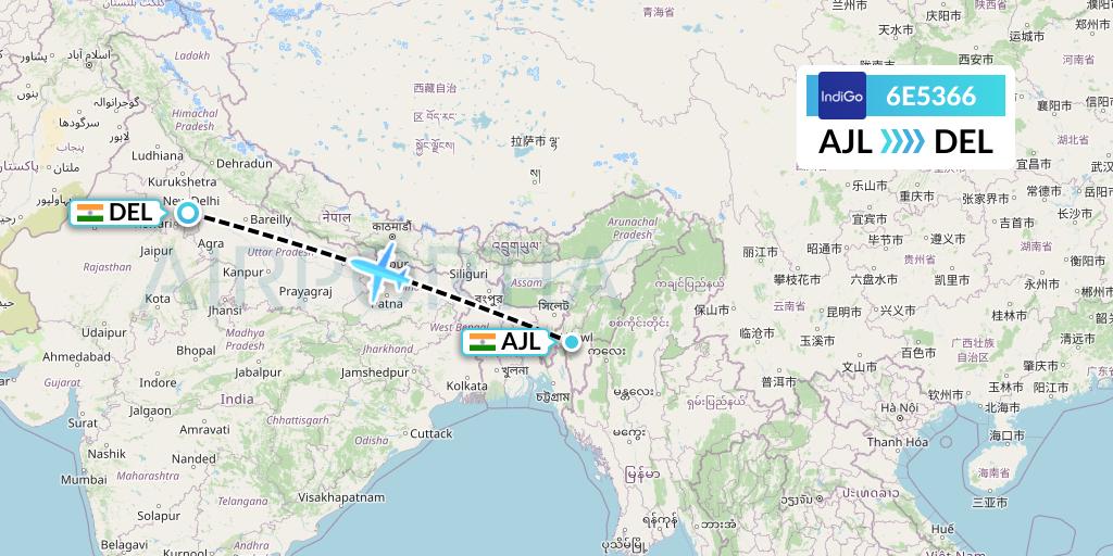 6E5366 IndiGo Airlines Flight Map: Aizawl to Delhi