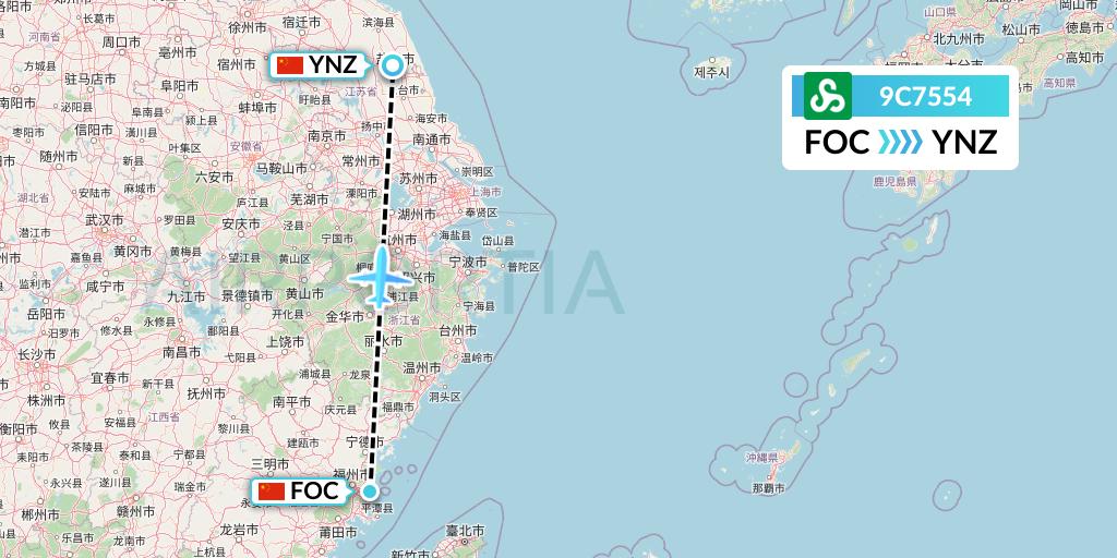 9C7554 Spring Airlines Flight Map: Fuzhou to Yancheng
