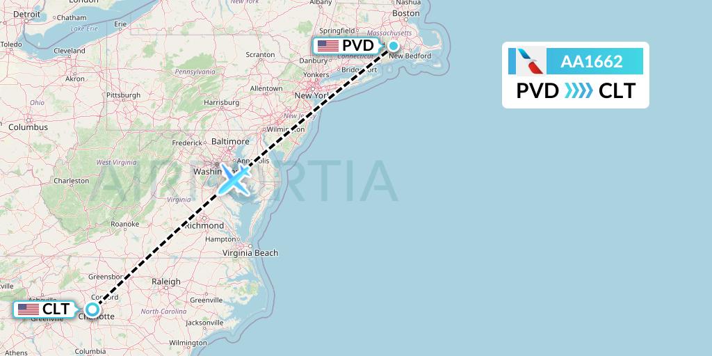 AA1662 American Airlines Flight Map: Providence to Charlotte