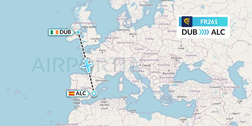 FR261 Ryanair Flight Map: Dublin to Alicante