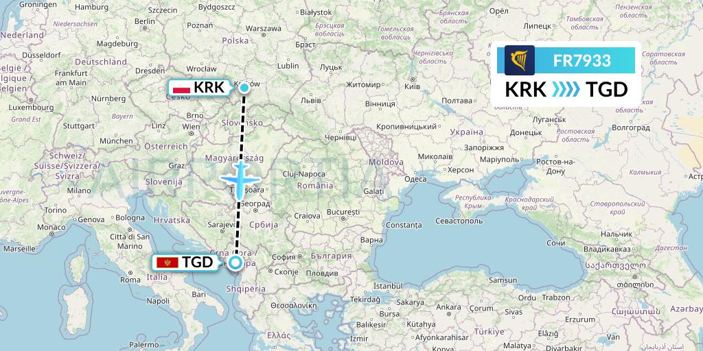 FR7933 Ryanair Flight Map: Krakow to Podgorica