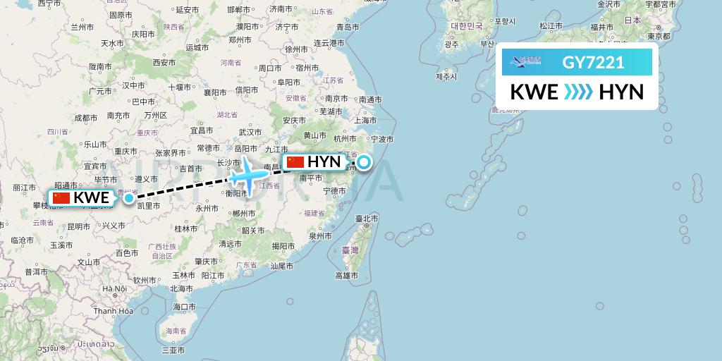 GY7221 Colorful GuiZhou Airlines Flight Map: Guiyang to Huangyan