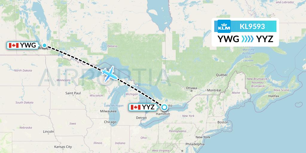 KL9593 KLM Flight Map: Winnipeg to Toronto