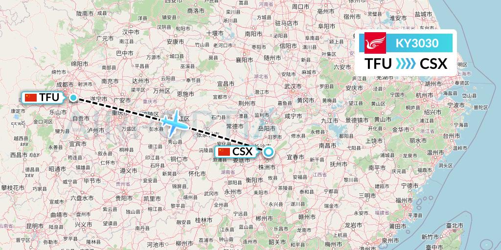 KY3030 Kunming Airlines Flight Map: Chengdu to Changsha