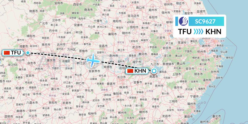 SC9627 Shandong Airlines Flight Map: Chengdu to Nanchang