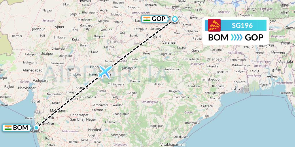 SG196 SpiceJet Flight Map: Mumbai to Gorakhpur
