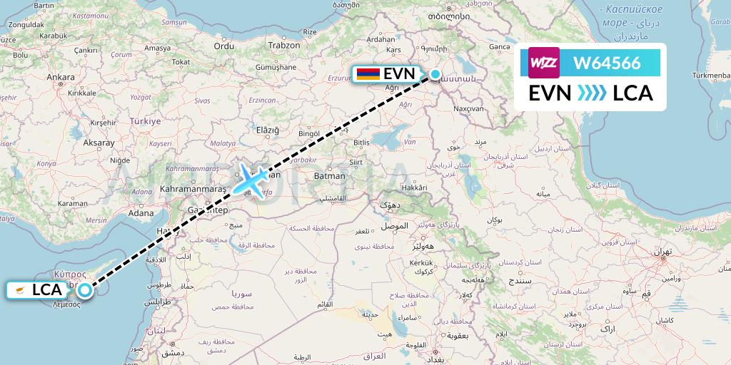 W64566 Wizz Air Flight Map: Yerevan to Larnaca