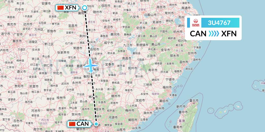 3U4767 Sichuan Airlines Flight Map: Guangzhou to Xiangyang