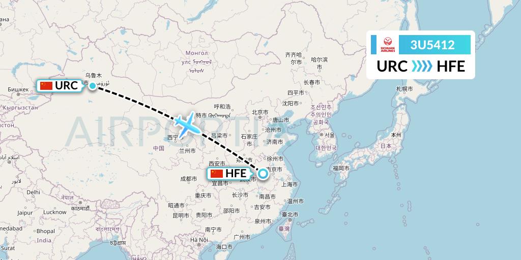 3U5412 Sichuan Airlines Flight Map: Urumqi to Hefei