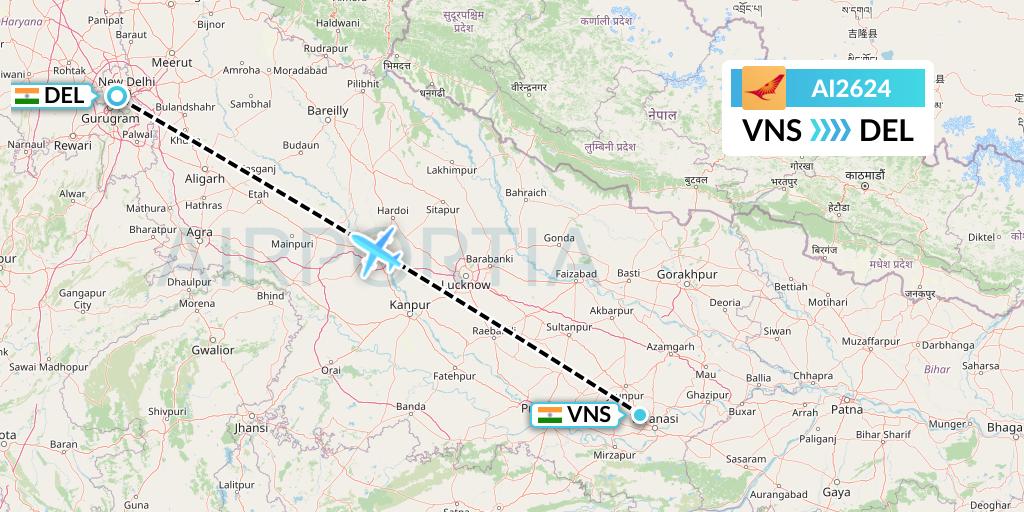 AI2624 Air India Flight Map: Varanasi to Delhi