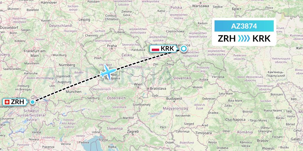 AZ3874 ITA Airways Flight Map: Zurich to Krakow