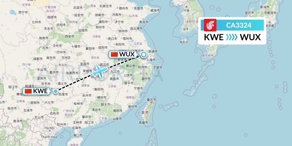CA3324 Air China Flight Map: Guiyang to Wuxi