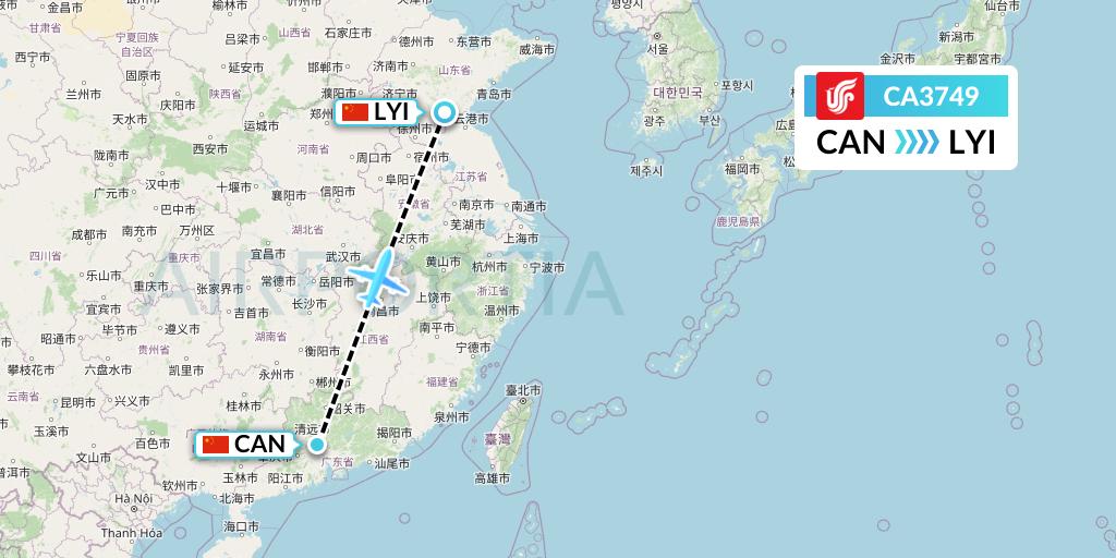 CA3749 Air China Flight Map: Guangzhou to Linyi