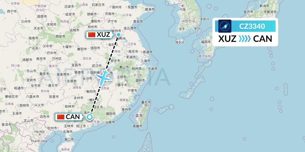 CZ3340 China Southern Airlines Flight Map: Xuzhou to Guangzhou