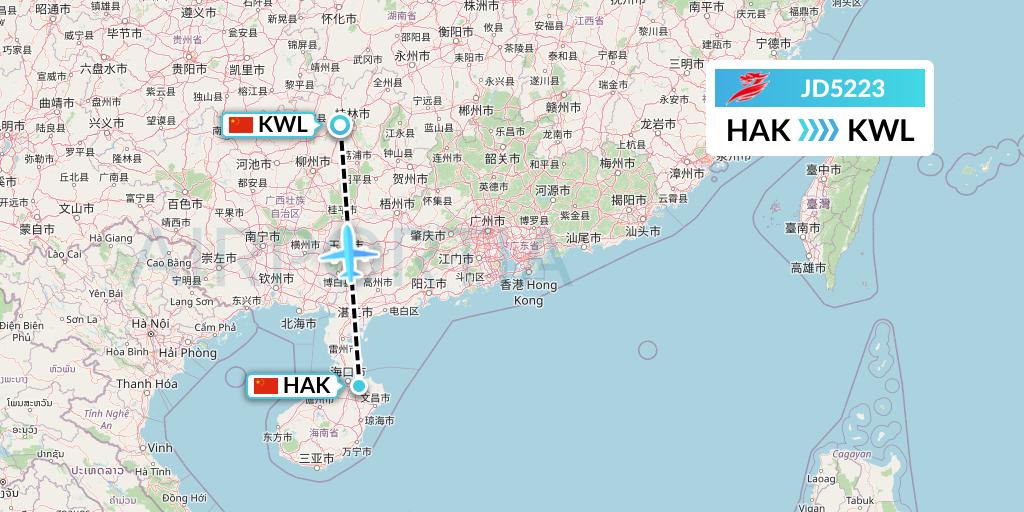 JD5223 Capital Airlines Flight Map: Haikou to Guilin