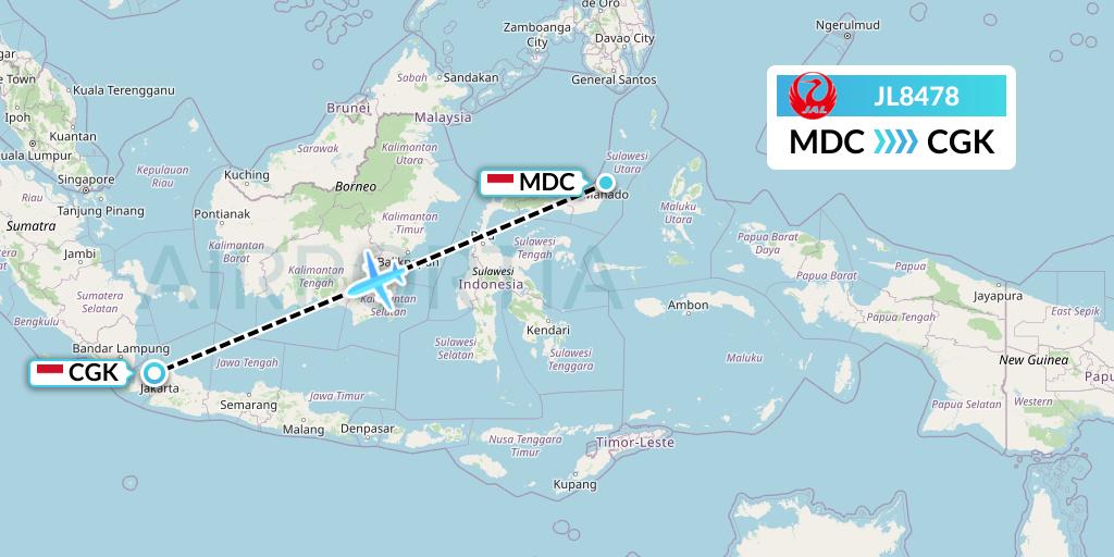 JL8478 Japan Airlines Flight Map: Manado to Jakarta