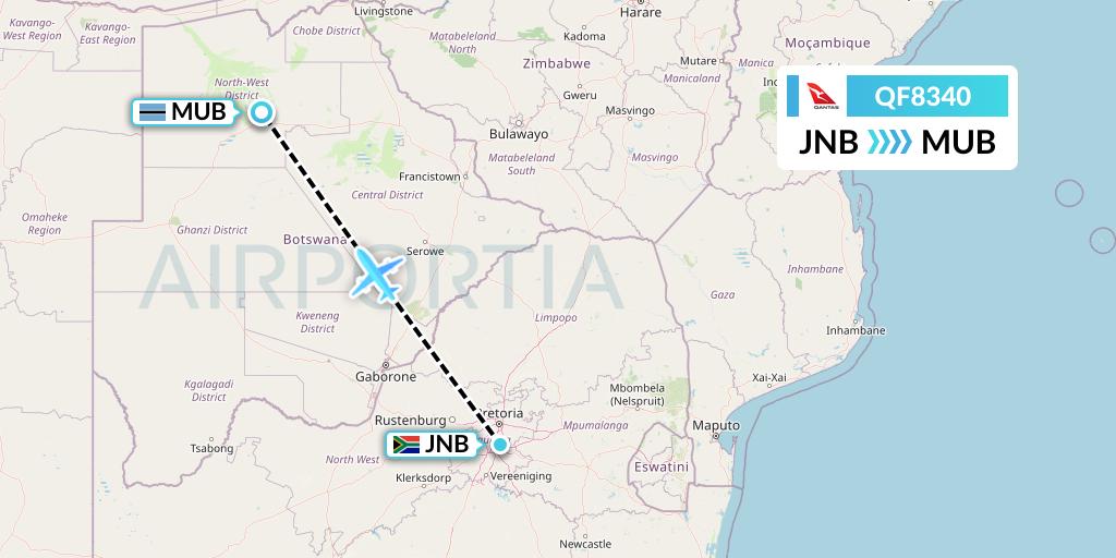 QF8340 Qantas Flight Map: Johannesburg to Maun