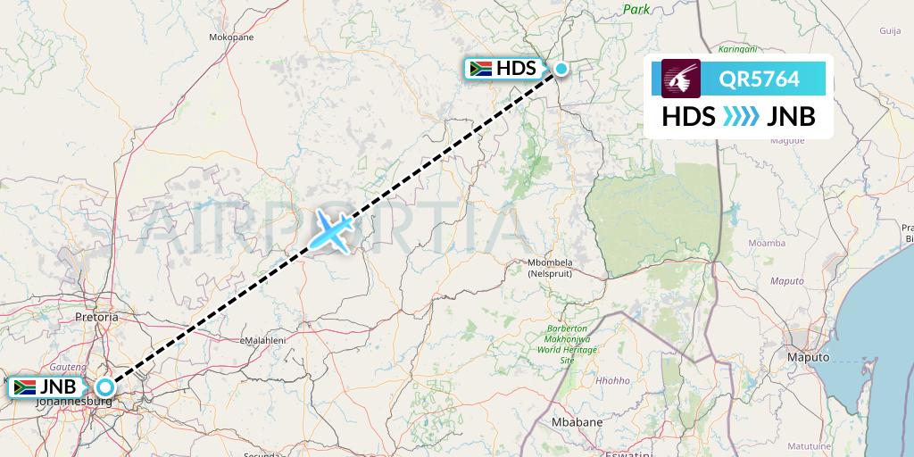 QR5764 Qatar Airways Flight Map: Hoedspruit to Johannesburg
