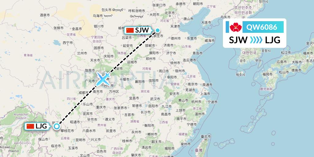 QW6086 Qingdao Airlines Flight Map: Shijiazhuang to Lijiang