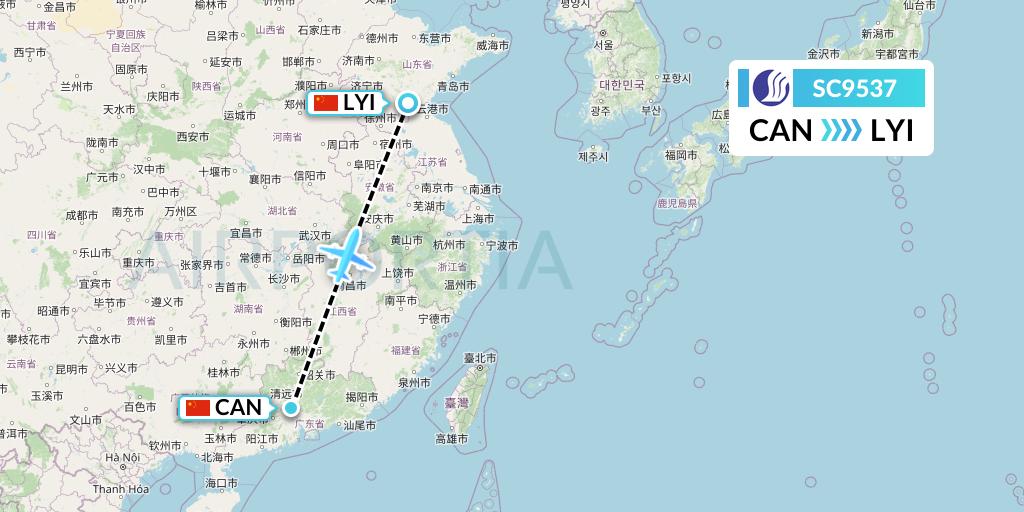 SC9537 Shandong Airlines Flight Map: Guangzhou to Linyi
