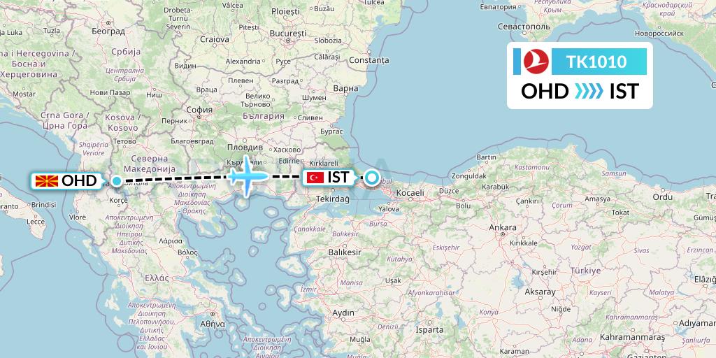 TK1010 Turkish Airlines Flight Map: Ohrid to Istanbul