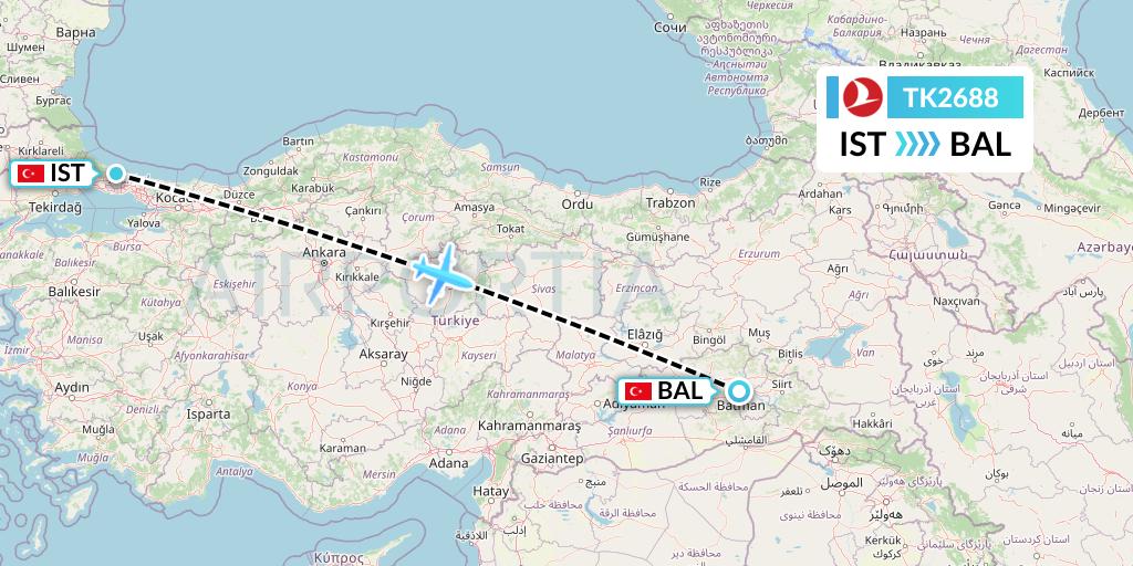 TK2688 Turkish Airlines Flight Map: Istanbul to Batman