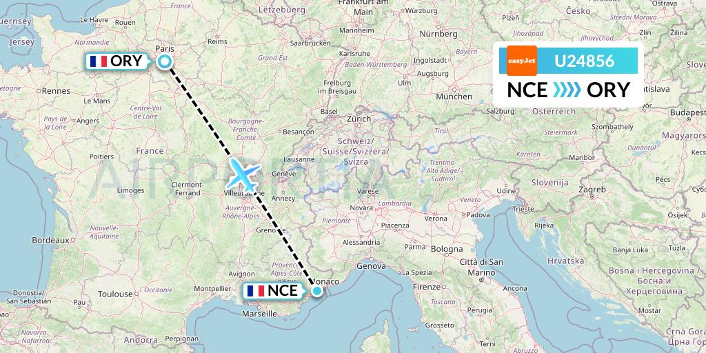 U24856 EasyJet Flight Map: Nice to Paris