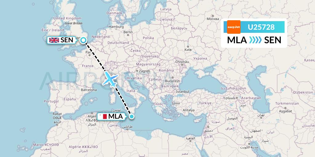 U25728 EasyJet Flight Map: Malta to Southend