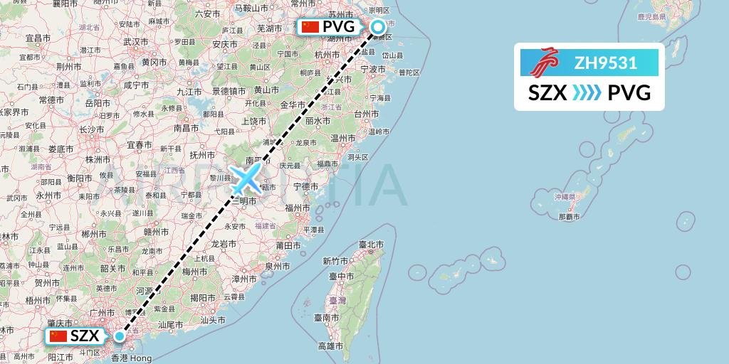ZH9531 Shenzhen Airlines Flight Map: Shenzhen to Shanghai