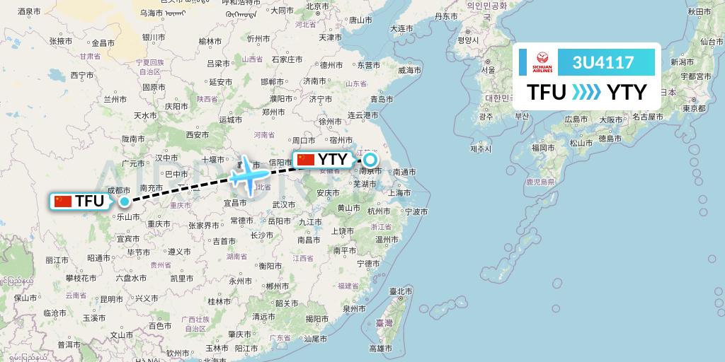 3U4117 Sichuan Airlines Flight Map: Chengdu to Yangzhou