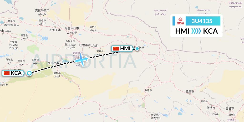 3U4135 Sichuan Airlines Flight Map: Hami City to Kuqa