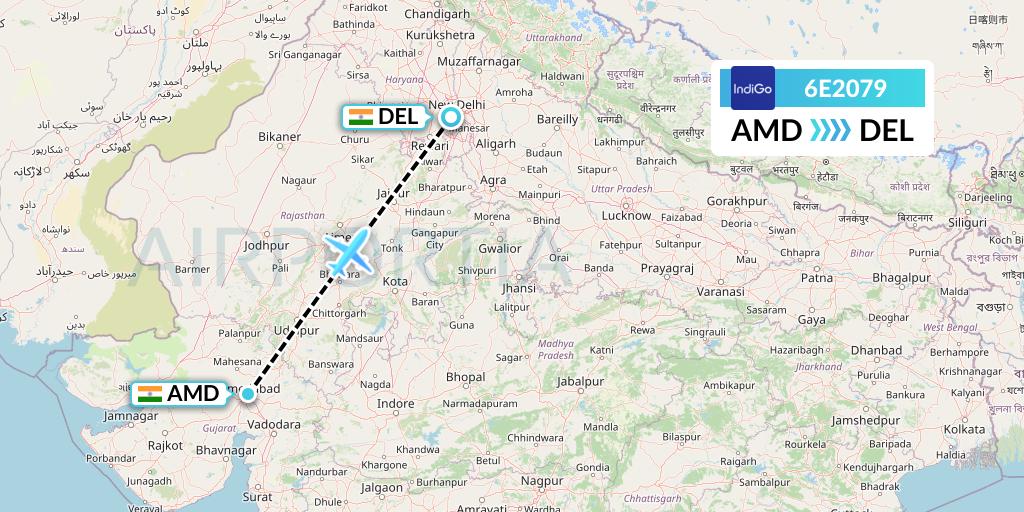 6E2079 IndiGo Airlines Flight Map: Ahmedabad to Delhi