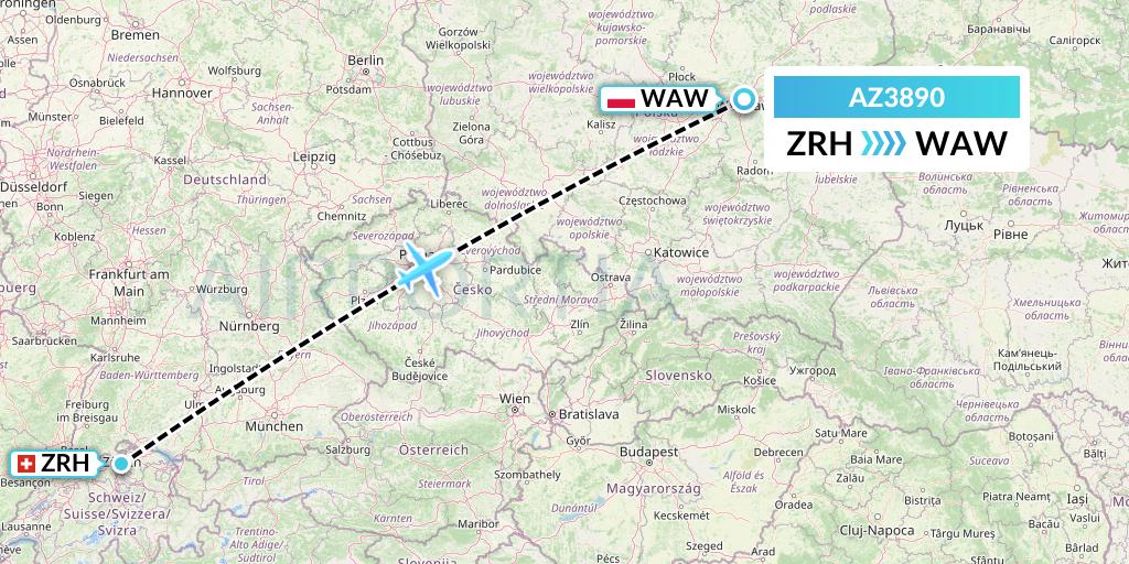 AZ3890 ITA Airways Flight Map: Zurich to Warsaw