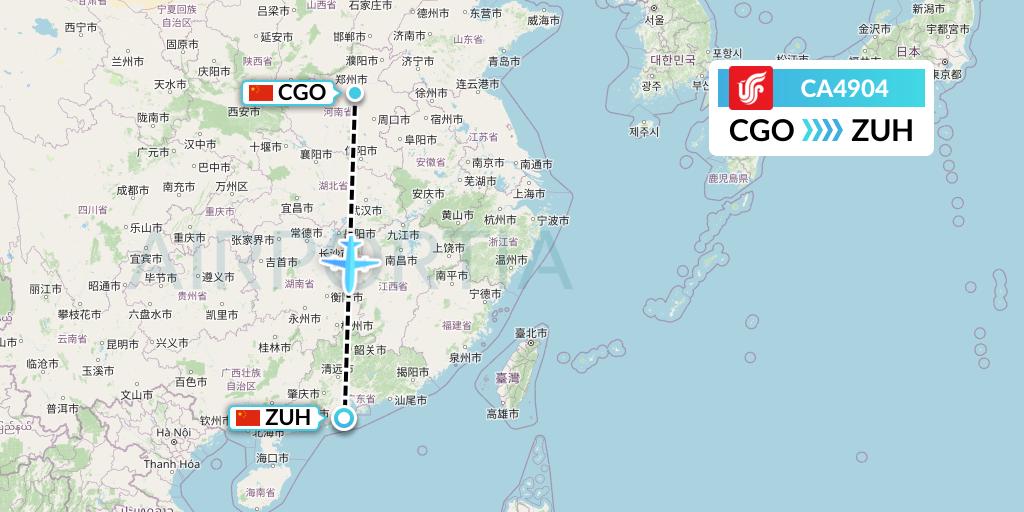 CA4904 Air China Flight Map: Zhengzhou to Zhuhai