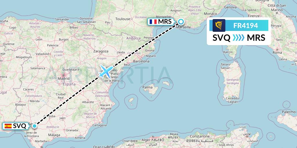 FR4194 Ryanair Flight Map: Seville to Marseille