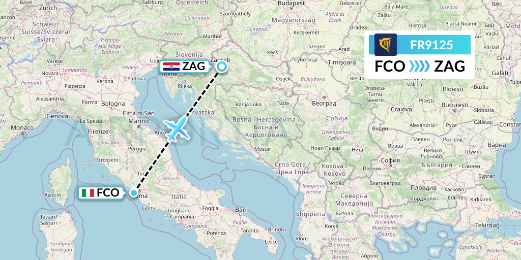 FR9125 Ryanair Flight Map: Rome to Zagreb