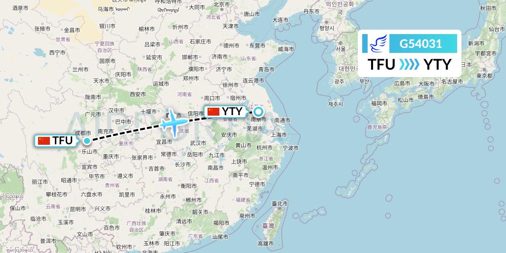 G54031 China Express Airlines Flight Map: Chengdu to Yangzhou