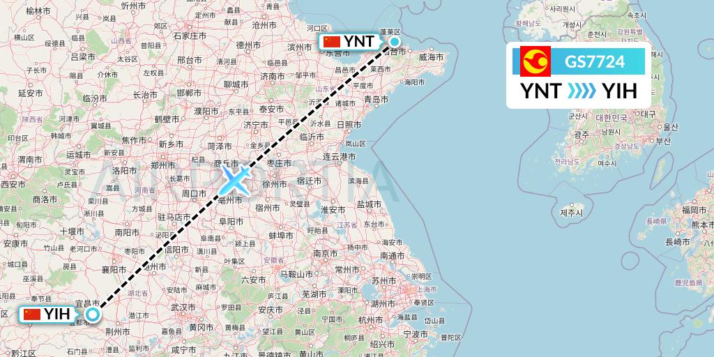 GS7724 Tianjin Airlines Flight Map: Yantai to Yichang