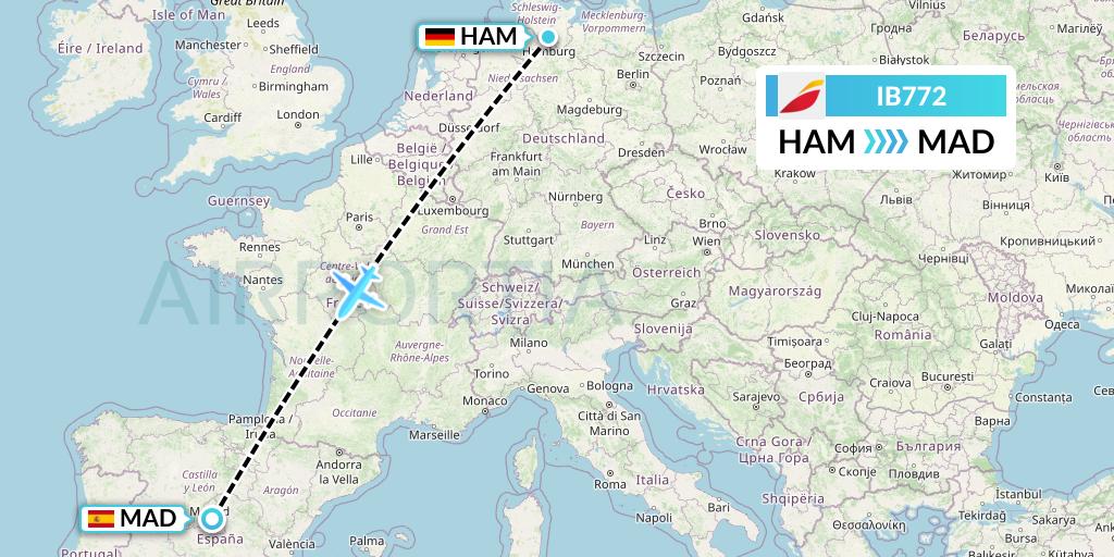 IB772 Iberia Flight Map: Hamburg to Madrid