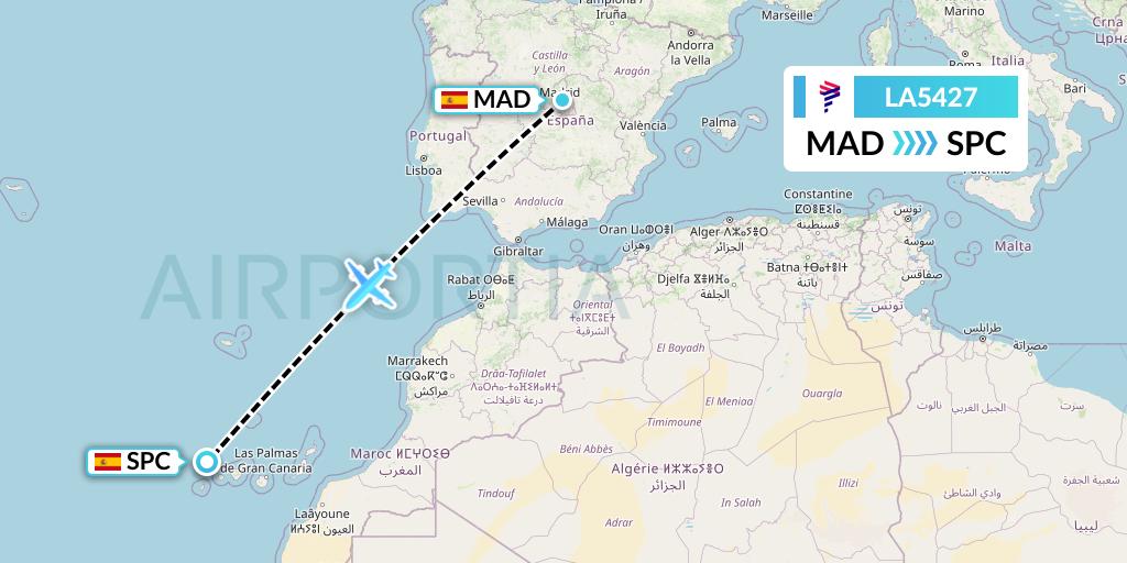 LA5427 LAN Airlines Flight Map: Madrid to La Palma