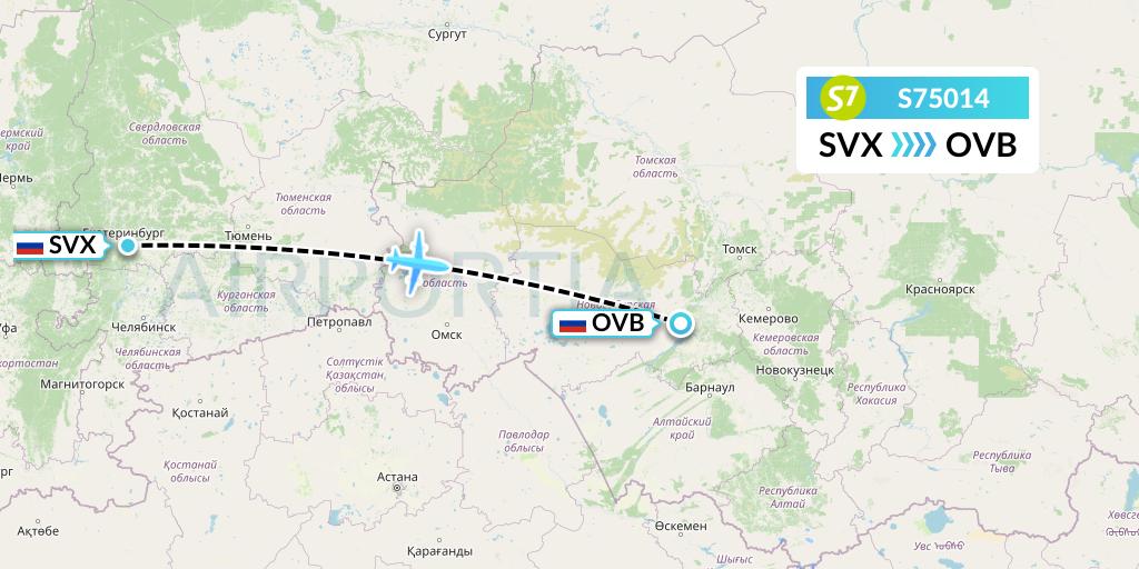 S75014 S7 Airlines Flight Map: Yekaterinburg to Novosibirsk
