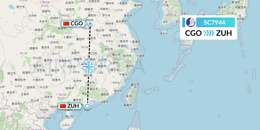 SC7944 Shandong Airlines Flight Map: Zhengzhou to Zhuhai