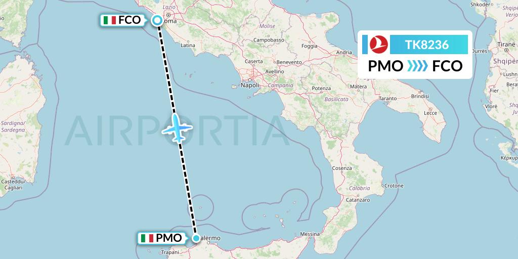 TK8236 Turkish Airlines Flight Map: Palermo to Rome